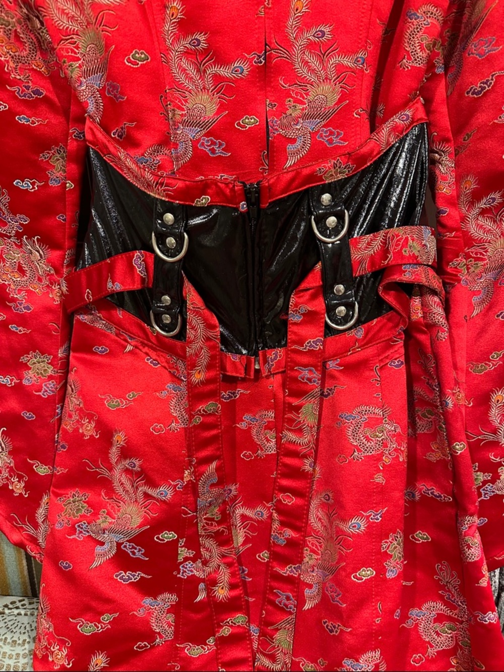VINTAGE Lip Service Red Brocade Gothic Long Sleeve Dress with Black Accents - Picture 9 of 16
